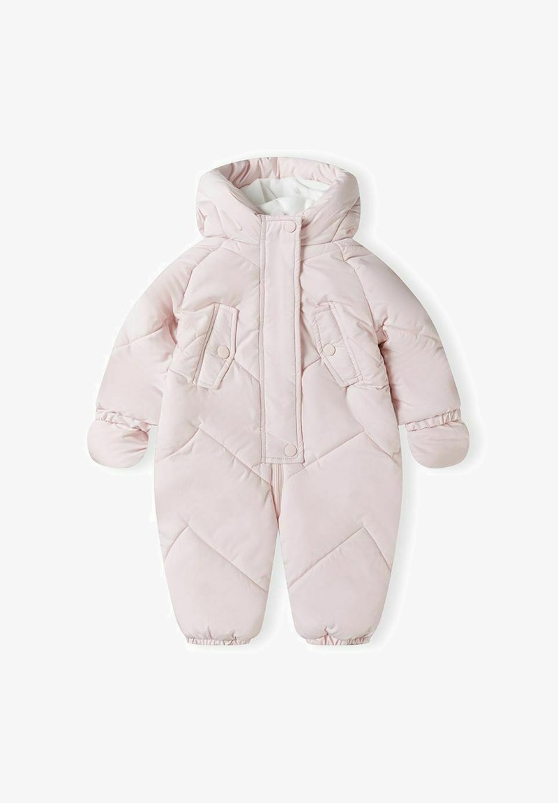 Gevoerde roze onesie met een capuchon, voorzien van een ruitpatroon, een sluiting met drukknopen aan de voorkant en elastische manchetten voor warmte en comfort.