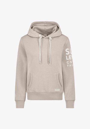 Beiger Hoodie aus Baumwollmischung, mit Fronttasche, verstellbarer Kordelzugkapuze, gerippten Bündchen und großem weißem Text auf den Ärmeln.