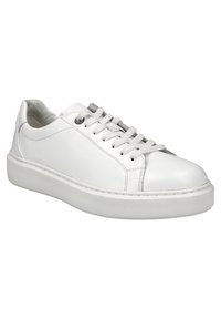 Weiße Leder-Sneaker mit glatter Oberfläche, runder Zehenpartie, Schnürverschluss mit grauen Schnürsenkeln und einer strukturierten Gummisohle.