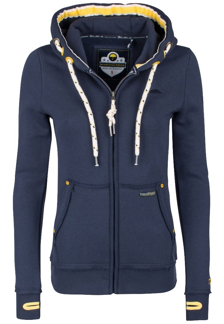 Sweat à capuche zippé navy avec doublure intérieure jaune contrastée, cordons blancs et deux poches avant ; présente une étiquette de marque et des boutons décoratifs.