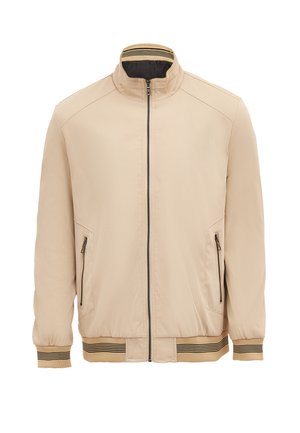 Beige jas met een opstaande kraag, ritssluiting aan de voorkant, twee ritszakken aan de zijkanten en gestreepte ribgebreide manchetten en zoom. Gladde stoftextuur.