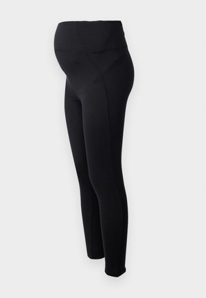 Leggings premaman neri con vita alta, realizzati in materiale elasticizzato. Presentano una texture liscia e un design aderente per il massimo comfort.