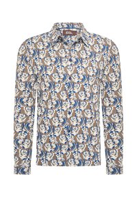 Camisa de manga larga con un patrón floral en blanco y azul sobre un fondo marrón. Detalle de cierre con botones y cuello. Textura de tela suave.