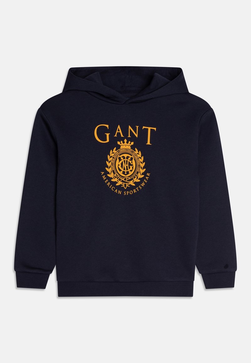 Sweat à capuche bleu marine avec logo orange "GANT American Sportswear" et blason centrés sur le devant, avec poignets et ourlet côtelés.