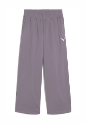 Purple athletic pants with an elastic waistband, wide leg design, and a small white Puma logo on the left side. Smooth texture.