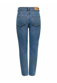 Ljusblå denimjeans med tapered ben, fem fickor och en läderpatch med varumärket på baksidan av midjan. Tyget ser något slitet ut.