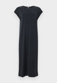 Μαύρο midi φόρεμα με κοντά μανίκια, χαλαρή εφαρμογή και μικρή λεπτομέρεια κλειδαρότρυπας στη λαιμόκοψη, εμφανίζεται σε απλό φόντο.