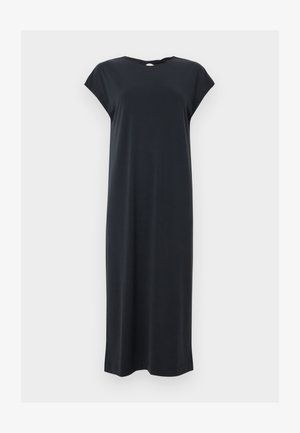 Μαύρο midi φόρεμα με κοντά μανίκια, χαλαρή εφαρμογή και μικρή λεπτομέρεια κλειδαρότρυπας στη λαιμόκοψη, εμφανίζεται σε απλό φόντο.