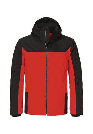 Rot schwarze Jacke mit Kapuze, durchgehendem Frontreißverschluss und kontrastierenden Farbbereichen. Glatte Textur mit seitlichen Taschen und elastischen Bündchen.