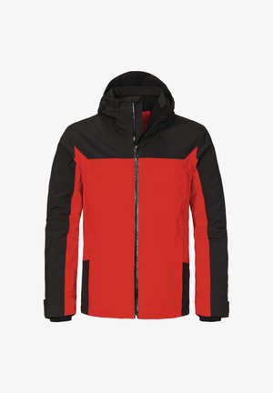 Rot schwarze Jacke mit Kapuze, durchgehendem Frontreißverschluss und kontrastierenden Farbbereichen. Glatte Textur mit seitlichen Taschen und elastischen Bündchen.