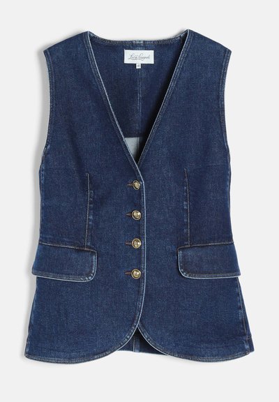 Veste en denim bleu foncé avec quatre boutons dorés, deux poches avant à rabat et un col en V, taille 42 par Luisa Lagnoli.