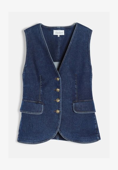 Veste en denim bleu foncé avec quatre boutons dorés, deux poches avant à rabat et un col en V, taille 42 par Luisa Lagnoli.