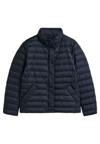 Marineblauer gesteppter Mantel mit hohem Kragen, Druckknopfverschluss und zwei schrägen Vorderaschen mit Knöpfen.