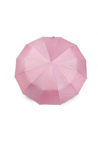 Ombrello rosa con una finitura liscia e lucida, dotato di otto pannelli e una punta arrotondata in cima per il supporto.