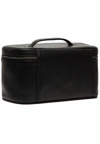 Borsa cosmetica rectangular nera in pelle con manico superiore, chiusure con zip sui lati e superficie texturizzata. Design compatto e robusto.