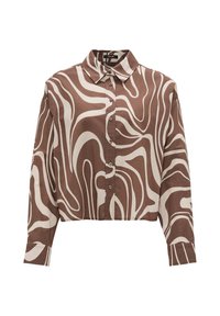 Brown and cream cropped button-up shirt featuring abstract swirling patterns, long sleeves, and a classic collar in a smooth fabric.