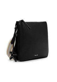 Black textured leather crossbody bag with striped woven strap and star-shaped charm with metal studs, angled side view.