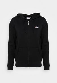 Sudadera con cremallera negra hecha de algodón con un interior de forro polar, que presenta una capucha con cordón, bolsillos delanteros y un pequeño logo rojo en el pecho.
