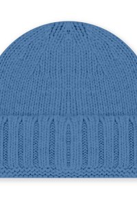 Cappello a maglia in un morbido blu. Presenta una fascia a coste testurizzata e una corona liscia. Realizzato in filato flessibile per comfort e calore.