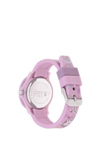 Lila Silikon-Uhr mit einem Gehäuseboden aus Edelstahl. Hat verspielte Designs, darunter Einhörner und Regenbogen, auf dem Armband. Wasserdicht.