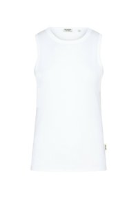 White sleeveless top made of smooth fabric. Features a round neckline and a straight cut. Brand label visible at the bottom left.