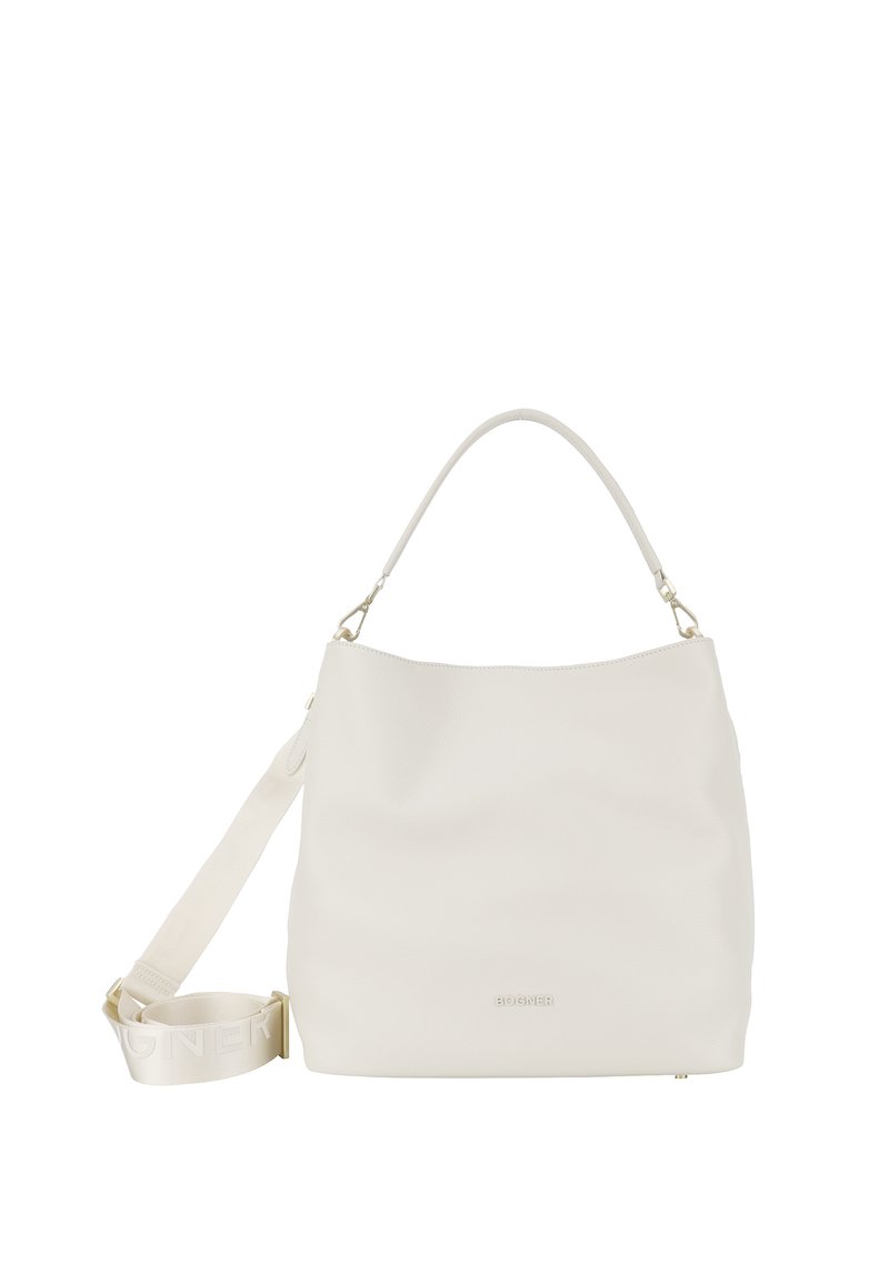 Borsa a spalla in pelle bianca con una texture liscia, forma hobo e dettagli in acciaio inox dorato. Presenta una tracolla removibile con logo stampato.