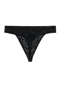 Schwarze Spitzenstringtanga mit floralen Mustern, transparenter Textur und einem schmalen Bund, versehen mit einem kleinen schwarzen Logohängeschild auf der Rückseite.