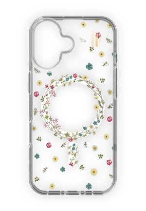 Klar smartphone-etui med flerfarvet lille blomsterprint og cirkulært blomsterkransdesign omkring en central udskæring.