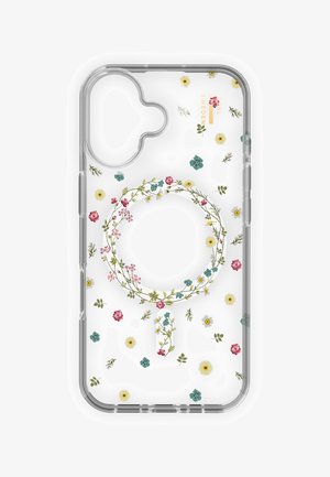 Klar smartphone-etui med flerfarvet lille blomsterprint og cirkulært blomsterkransdesign omkring en central udskæring.