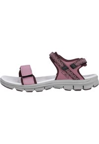 Sandal med en vit skumkloss, mörkrosa accenter, justerbara remmar och ett mönstrat remdetalj. Lätt och öppen design för andningsförmåga.