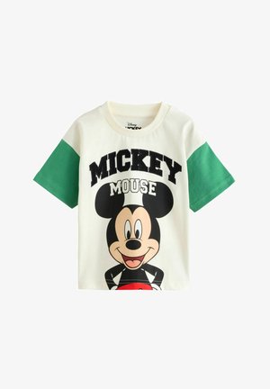 White cotton t-shirt featuring green short sleeves and a large black Mickey Mouse graphic with "MICKEY MOUSE" text above.
