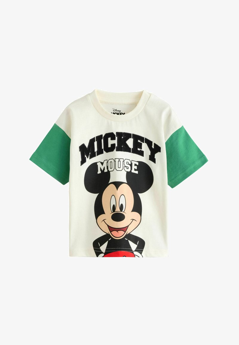 Weißes Baumwoll-T-Shirt mit grünen kurzen Ärmeln. Auf der Vorderseite befindet sich ein großes Mickey Mouse Motiv mit schwarzem Schriftzug "MICKEY MOUSE."