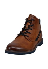 Braune Leder-Stiefeletten mit schwarzen Schnürsenkeln und strukturierter Oberfläche. Mit einer kontrastierenden blauen Sohle und einem Logo-Akzent an der Seite.