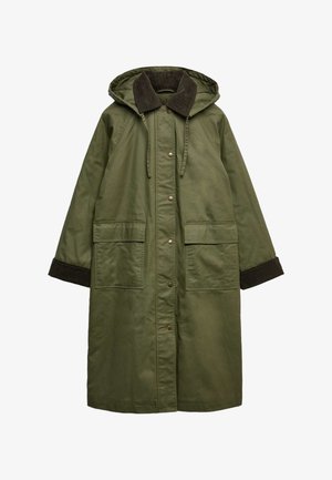 Long olive green hooded coat with front snap buttons, two large front pockets with flaps, and dark brown corduroy collar and cuffs.
