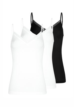 Trois camisoles pour femmes avec encolure en V bordée de dentelle, deux blanches et une noire, présentées en chevauchement sur un fond blanc.