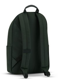 Mörkgrön ryggsäck med vadderade axelremmar, sidofickor och ett handtag på toppen. Tillverkad av slitstark tyg, med en elegant och strömlinjeformad design.