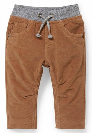 Pantalon en velours côtelé marron pour tout-petit avec taille élastique grise et cordon de serrage, doté de poches avant et de coutures aux genoux.