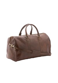 Sac de voyage en cuir marron avec poignées doubles, bandoulière amovible, accents de coutures visibles et forme arrondie. Fermeture éclair sur le dessus.