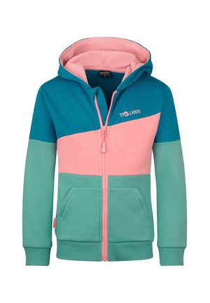 Children's zip-up hoodie in teal, pink, and light green with a hood and front pockets, featuring the Trollkids logo on the chest.