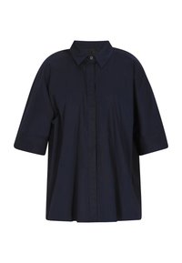 Marineblaue kurzärmlige Hemd mit spitzem Kragen, knöpfbarem Vorderteil und lockerer Passform. Hergestellt aus glattem Stoff mit minimaler Textur.