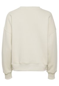 Sweatshirt color crema con scollatura ampia, spalle scese, polsini a costine e vestibilità rilassata. Tessuto morbido con una superficie liscia.