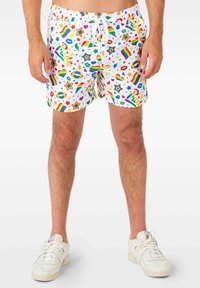 Herren-Schwimmshorts mit weißem Hintergrund, der mit bunten Mustern von Sternen, Lippen, Regenbögen und Herzen bedruckt ist. Elastischer Bund mit Kordelzug.