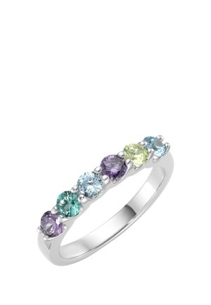 Silver ring with seven round gemstones in pastel shades of purple, teal, light blue, green, and yellow arranged in a row.