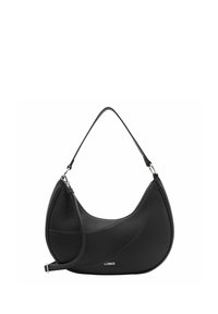 Borsa a tracolla in pelle nera con forma curvata, superficie testurizzata, tracolla regolabile e accessori in argento. Logo visibile sulla parte anteriore.