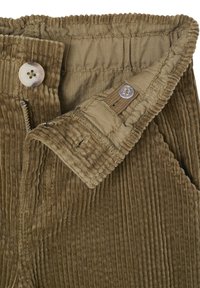 Braune Kordhosen mit elastischem Bund, Reißverschluss, Knopfverschluss und verstellbarem inneren Bund mit Knopf.