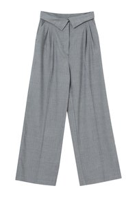Pantaloni wide-leg grigi realizzati in tessuto testurizzato, con pieghe, una vita a punta e chiusura con zip frontale.