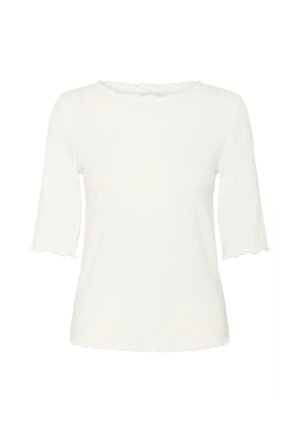 Balta raukšlėta palaidinė su apvaliomis iškirptėmis, trigubomis rankovėmis ir banguotu apvadu. Minkšta tekstūra, liekna prigludimo forma, minimalistinis dizainas be raštų.