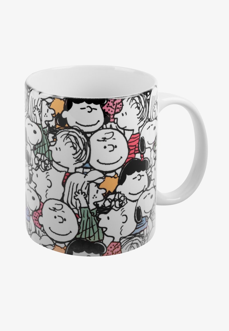 Tazza di ceramica con una base bianca, decorata con un motivo colorato di personaggi dei cartoni animati in varie espressioni, contornati in nero.