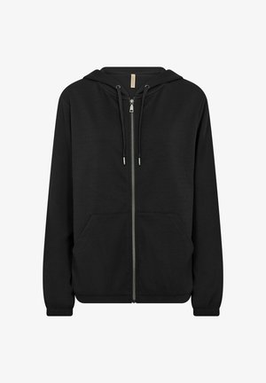 Schwarzer Zip-Hoodie aus weichem Material, mit Kordelzugkapuze, frontalen Taschen und gerippten Bündchen. Glatte Oberfläche mit einem schlichten Design.