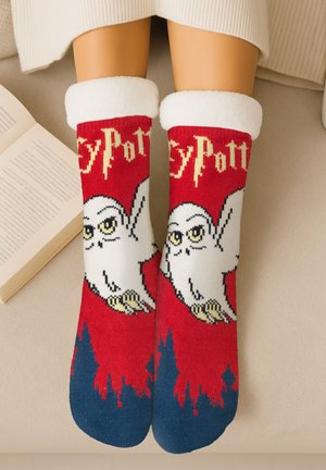 Rote Socken mit einem weißen Eulendesign und schwarzen Details, cremefarbenen Bündchen und einem blauen Zehenbereich. "Harry Potter" ist textuell integriert.